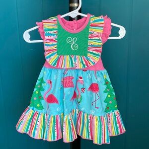 “E” Monogram Eleanor Rose Flamingo Christmas Dress Size 3/6 months
